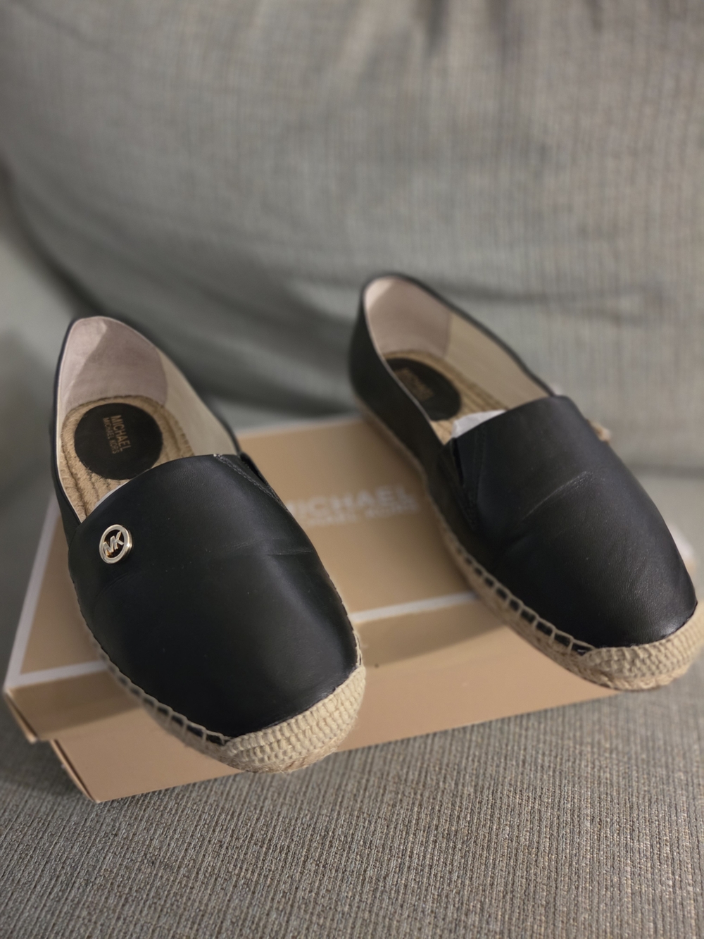 Michael Kors Black Espadrille Slip-On with Tan Jute Sole and Gold MK Charm